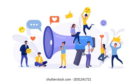 Social media promotion services with megaphone. Big loudspeaker to communicate with audience. Attracting subscribers, positive feedback, followers. PR agency team for influencer digital marketing