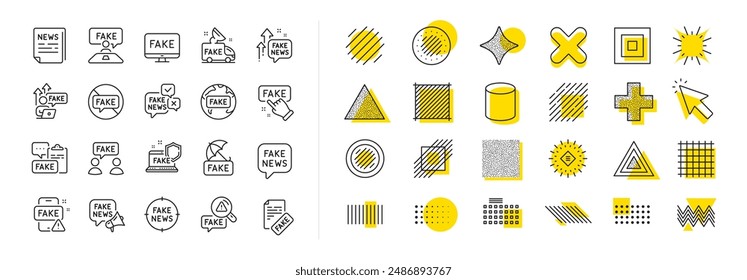 Propaganda en medios sociales, periódico, conspiración de la verdad. Diseñar Elementos de formas. Iconos de líneas de noticias falsas. Hechos erróneos, información falsa, iconos de contorno de altavoz falso. Vector