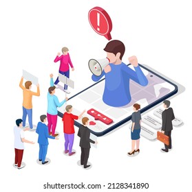 Social media protest. Protesters with placards near smartphone with man shouting through megaphone, flat vector isometric illustration. Online social movements, media activism.