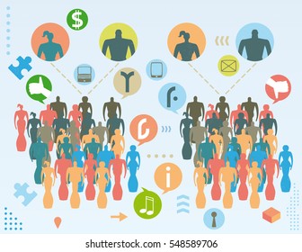 Social media public opinion concept with followers and leaders, bubble icons, infographics elements and grunge texture.
