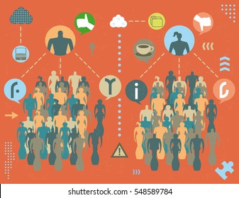 Social media public opinion concept with followers and two leaders, bubble icons, infographics elements and grunge texture.