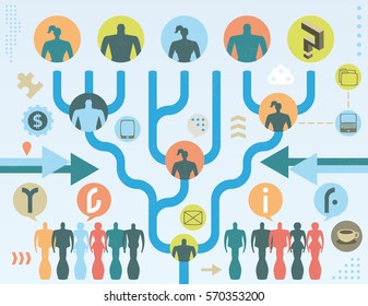 Social media public opinion tree concept with followers, leaders, icons, infographics elements and grunge texture.