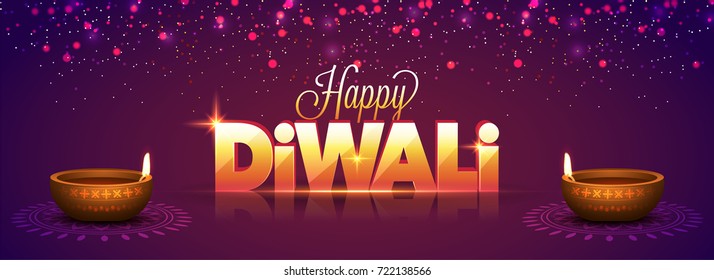 Social media purple banner with 3D shiny Golden text Happy Diwali and illumimated Oil Lamps. 