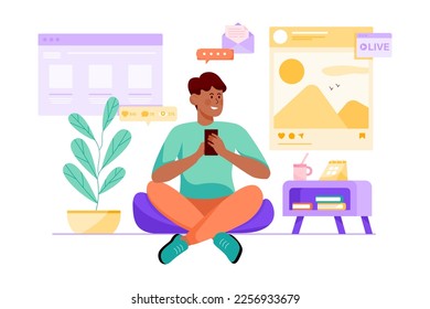 Social media purple concept with people scene in the flat cartoon design. Boy is checking news on the social network using a smartphone. Vector illustration.