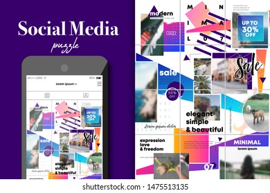 Social Media Puzzle Template Pack for creature your unique content. Modern ultra endless design banner, screen. app editorial service. Mockup for personal blog. Endless square puzzle for promotion. ad