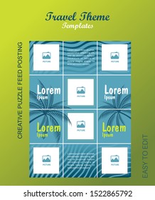 Social Media Puzzle Template Pack for creature your unique content. app editorial service. Instagram feed travelling summer blue collour.
