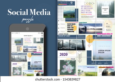 Social Media Puzzle Template Pack for creature your unique content. Modern ultra endless design banner, screen. app editorial service. Mockup for personal blog. Endless square puzzle, promotion pages.