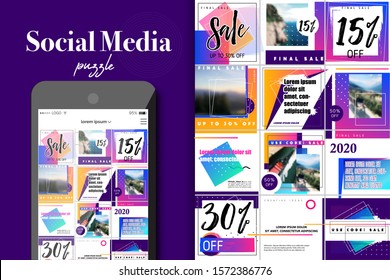 Social Media Puzzle Template Pack for creature your unique content. Modern ultra endless design banner, screen. app editorial service. Mockup for personal blog. Square promotion pages.