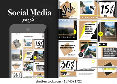 Social Media Puzzle Template Pack for creature your unique content. Modern ultra endless design banner, screen. app editorial service. Mockup for personal blog. Square promotion pages.