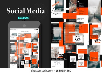 Social Media Puzzle Template Pack for creature your unique content. Modern ultra endless red black design banner, screen. app editorial service. Mockup for personal blog. Square promotion pages.