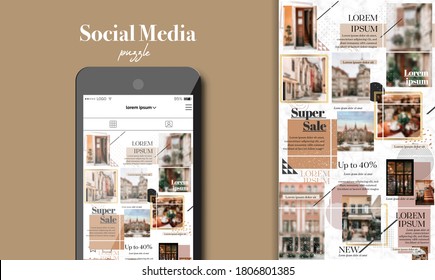 Social Media Puzzle Template Pack for creature your unique content. Modern ultra endless design banner, screen. app editorial service. Mockup for personal blog. Endless square puzzle for promotion.
