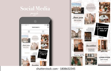 Social Media Puzzle Template Pack for creature your unique content. Mockup for personal blog. Modern ultra endless design banner, screen. app editorial service. Endless square puzzle for promotion.