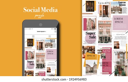 Social Media Puzzle Template Pack for creature your unique content. Modern ultra endless design banner, screen. Kit app editorial service. Mockup for personal blog. Endless square puzzle for promotion