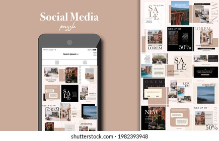 Social Media Puzzle Template Pack for creature your unique content. Modern ultra endless design banner, screen. Kit app editorial service. Mockup for personal blog. Endless square puzzle for promotion