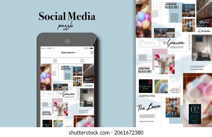 Social Media Puzzle Template Pack for creature your unique content. Mockup for personal blog. Modern ultra endless design banner, screen. app editorial service. Endless square puzzle for promotion. AD