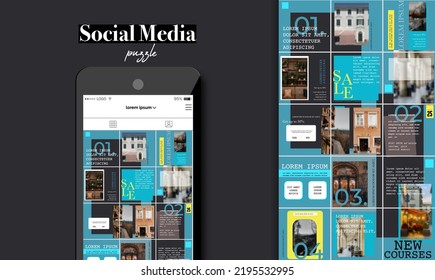 Social Media Puzzle Template Pack for creature your unique content. Modern ultra endless design banner, screen. Kit app editorial service. Mockup for personal blog. Endless square puzzle for promotion