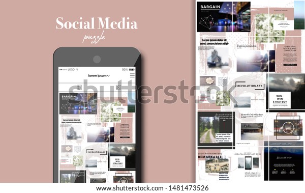 Social Media Puzzle Template Pack for creature\
your unique content. Modern ultra endless design banner, screen.\
app editorial service. Mockup for personal blog. Endless square\
puzzle for promotion.