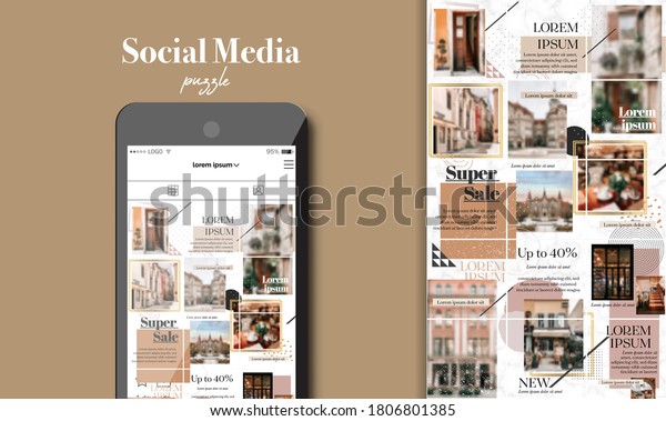 Social Media Puzzle Template Pack for creature\
your unique content. Modern ultra endless design banner, screen.\
app editorial service. Mockup for personal blog. Endless square\
puzzle for promotion.