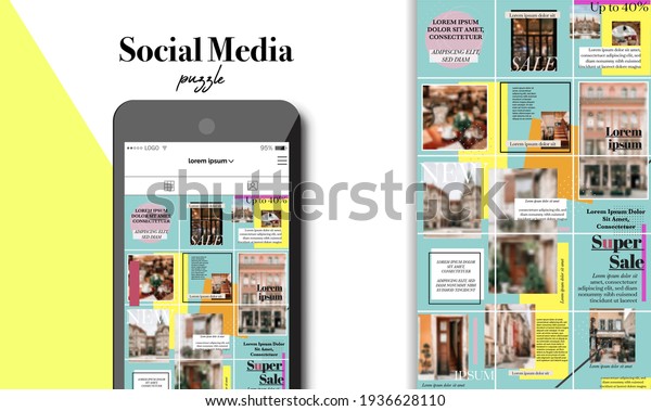 Social Media Puzzle Template Pack for creature\
your unique content. Modern ultra endless design banner, screen.\
Kit app editorial service. Mockup for personal blog. Endless square\
puzzle for promotion