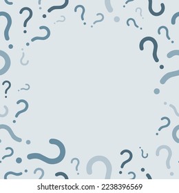 Social media question template. Square composition survey or quiz design with copyspace. Question mark border frame. Grey color.