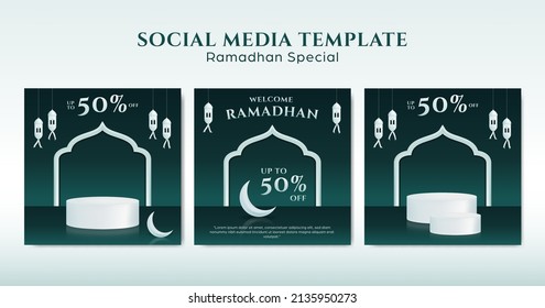 Social media ramadhan post template set for promotion with white podium product showcase and green background