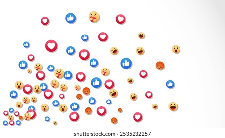 Social Media reagieren auf Emoji-Symbole, die auf weißem Hintergrund verstreut sind. Dieses Design repräsentiert Reaktionen in den sozialen Medien.