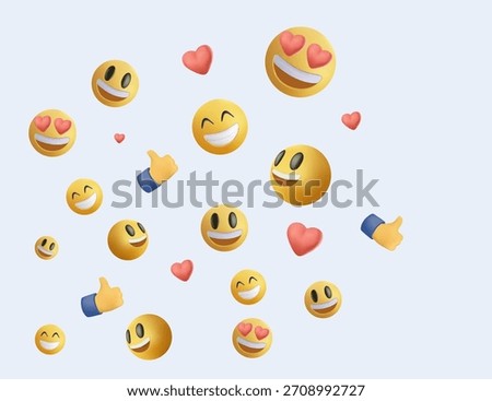 Social media react emoji icons scattered on a white background. 3D vector, Social media reactions. feedback or interactive with people or friend by reply chat or send emoticon for react feeling