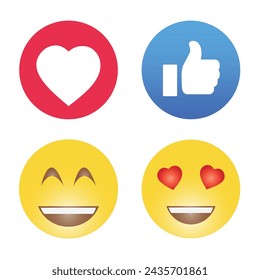 Emojis e iconos de reacciones en medios sociales. Icono de amor. Icono de Like. Emoji de cara feliz. Emoji de ojos de corazón.