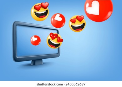 Social media reaction with emoji and red hearts. 3d vector illustration

