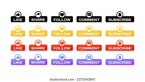 Social media reaction icons. Flat, color, like, share, follow, comment, subscribe icons, social media. Vector icons