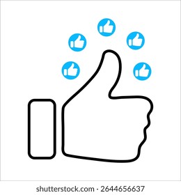 Social media reaction icons: heart, thumbs up, and thumbs down. Flat vector symbols in red and blue circles for feedback, approval, like, dislike, and user interaction in UI design.