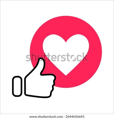 Social media reaction icons: heart, thumbs up, and thumbs down. Flat vector symbols in red and blue circles for feedback, approval, like, dislike, and user interaction in UI design.