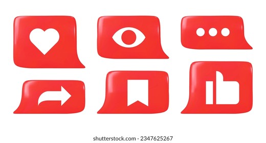 Social media reaction set with heart like, viewer counter, comment, share, bookmark or save and thumb up on red speech bubbles. Digital content pop up notification