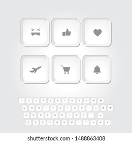 social media reactions emoji. shopping, shopping cart basket, notifications button keyboard. alphabet keyboard buttons vector template set.