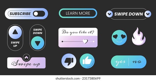 Social media reactions. Flat vector icons, web design elements on black background. Swipe up, swipe down, learn more, subscribe, stickers and button yes or no. Blogging and communication concept.