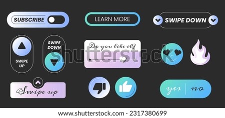 Social media reactions. Flat vector icons, web design elements on black background. Swipe up, swipe down, learn more, subscribe, stickers and button yes or no. Blogging and communication concept.