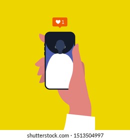 Social media reactions: pop up like window. SMM. Content. Young black female Internet user. Hand holding a smartphone. Flat editable vector illustration, clip art