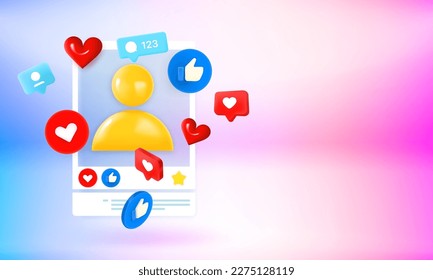 Social media reactions in web or mobile application concept. 3d vector banner with copy space