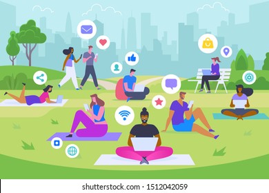 Social media recreation flat vector illustration. Happy men and women in park with gadgets cartoon characters. Modern leisure, trendy pastime, online lifestyle concept. Young people surfing internet