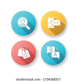 Social media recruitment flat design long shadow glyph icons set. Looking for employee. Company recruitment. Corporate contact info. Question and answer. Silhouette RGB color illustration