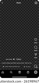 Social Media Reels Interface Mockup. Vertical Video Content UI Layout with Like, Comment, Share, Music, Follow Buttons and Profile Display on Transparent for App Design, Storytelling, Content Creation