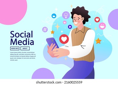 Social media referral marketing concept with characters. young people using mobile smartphone to share posts and news in social networks. Flat hand holds smart phone to make repost of video and news.
