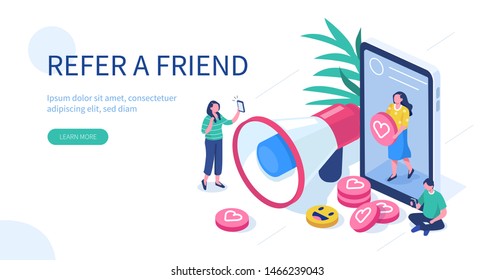 Social media referral program concept with characters.  Flat isometric vector illustration isolated on white background.