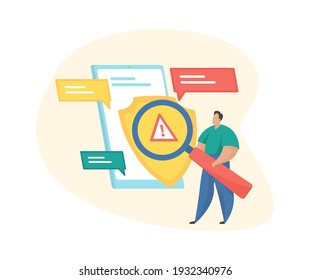 Social Media Regulation. Male Cartoon Character With A Magnifying Glass Examines Messages On The Smartphone Screen. User Guidelines. Copyright Protection. Flat Vector Illustration