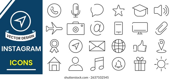 Social media related line icon vector set. Instagram interface icons set design. Set of vector icons for web design. Line icon such as comment, share, like, follow, friend, message, music, web vector.