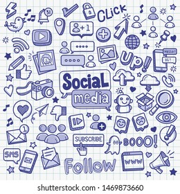 Social media related object and element collection. Hand drawn vector doodle illustration in blue ballpoint sketch style.