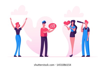 Social Media Relations, Blog, Woman Hold in Hands Heart Icon, Man Looking Through Spyglass, Blogging, Internet Communication, Profile Accounting, Email Concept Cartoon Flat Vector Illustration, Banner