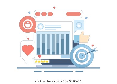 Social media remarketing concept, Targeting specific audience through social media remarketing technology, Creative content marketing ads get likes, shares and subscribers. vector illustration icon.