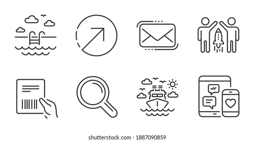 Social media, Research and Messenger mail line icons set. Parcel invoice, Direction and Partnership signs. Swimming pool, Ship travel symbols. Mobile devices, Magnifying glass, New e-mail. Vector