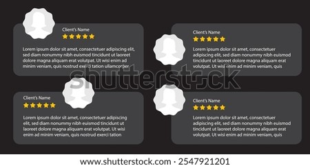 Social media review templates. Square beige vector featuring customer feedback in speech bubbles, star ratings, and profile icons. Perfect for testimonial sharing.